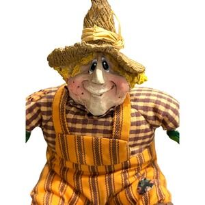 Vintage Scarecrow Doll Fall Harvest Decor Country Folk Art Fabric Resin Face 9"